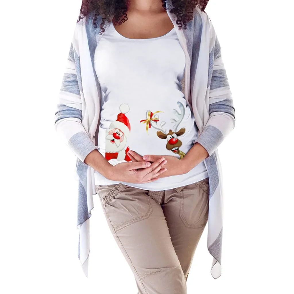 Рождественская Женская одежда для беременных с Санта Клаусом; Футболка для беременных с коротким рукавом и рисунком снеговика; хлопковая блузка Embarazada