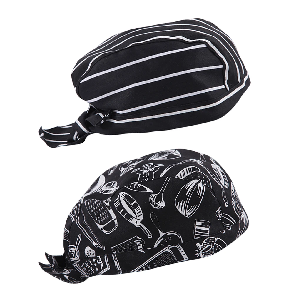 2 Pieces Unisex Chef Pirate Hat Cap Chef Headscarf Headwrap Black and White Stripes Chef Cap