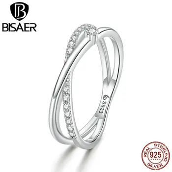 

BISAER High Quality Intertwined Lines 925 Sterling Silver Ring Zircon Finger Rings For Women silver Fashion Jewelry Gift EFR138