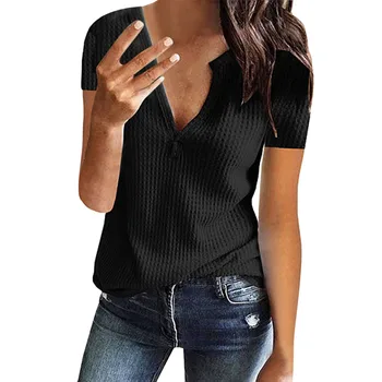 

Women's t-shirt tops 2020 Casual Solid Short Sleeve Split V-Neck Waffle Knit Pullover Top tshirt mujer camisetas ropa mujer