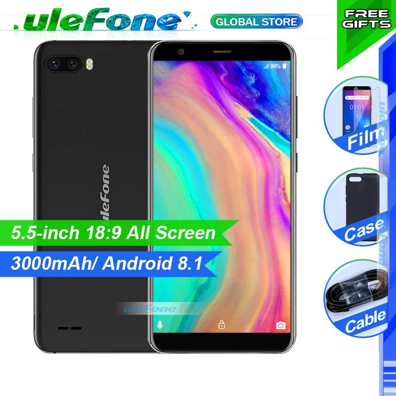 Ulefone S1 Mobile Phone 5.5 inch 18:9 MTK6580 Quad Core 1GB RAM 8GB ROM 8MP+5MP Rear Dual Cameras Android 8.1 3G Smartphone