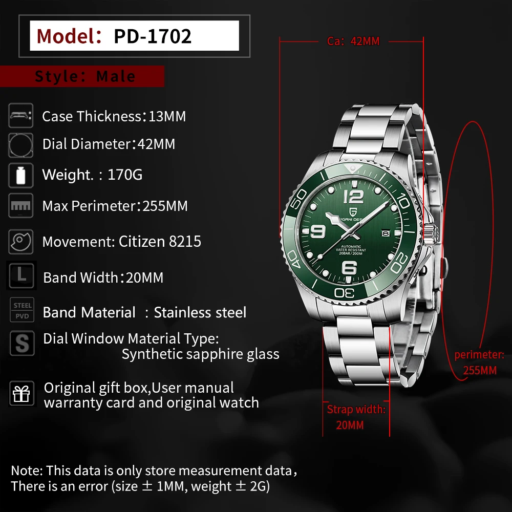 PAGRNE DESIGN New Men Mechanical Wristwatch Sapphire Glass Automatic Watches 100m Waterproof Stainless Steel Watch For Men