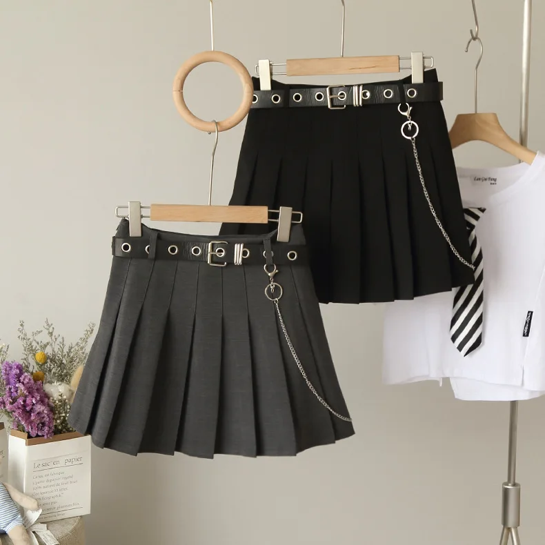 brown skirt High Waist Solid Pleated Skirts Woman Harajuku Belt Chic A-Line Skirt Woman's Retro Simple Black Mini Skirt Women Summer 2021 silk skirt