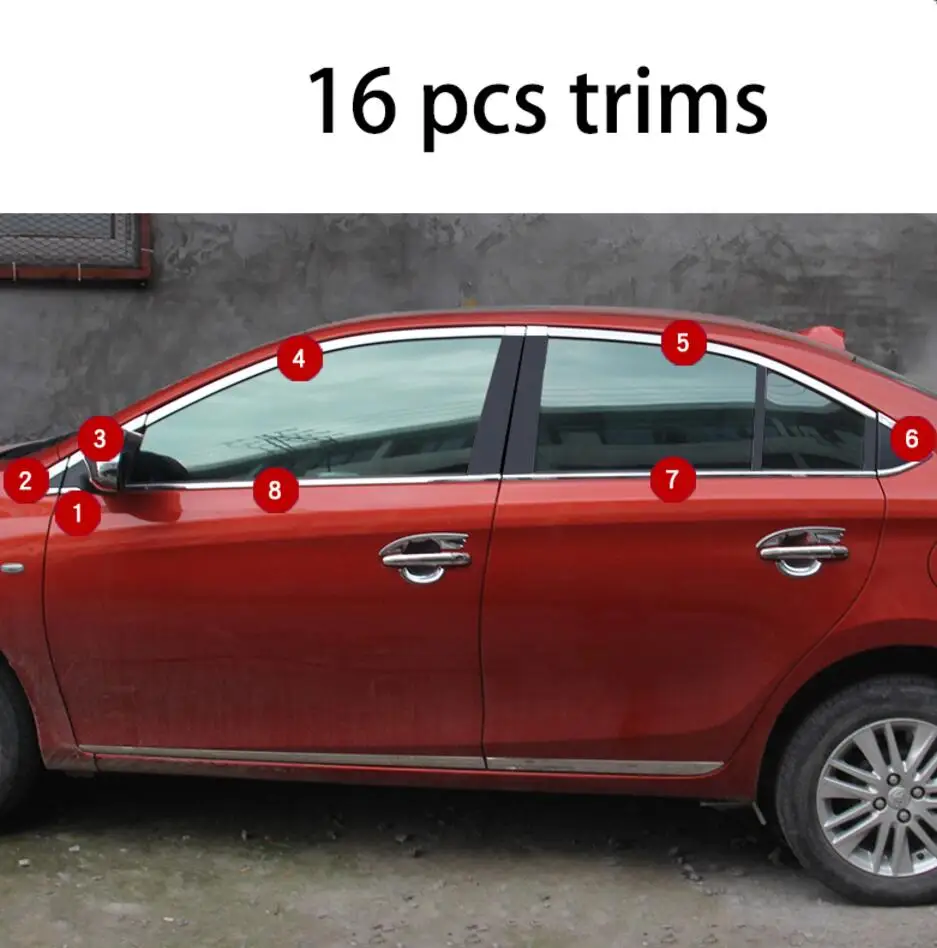 Нержавеющая сталь внешний подоконник крышка планки для toyota vios yaris седан стайлинга автомобилей - Цвет: 16 pcs trims  sedan