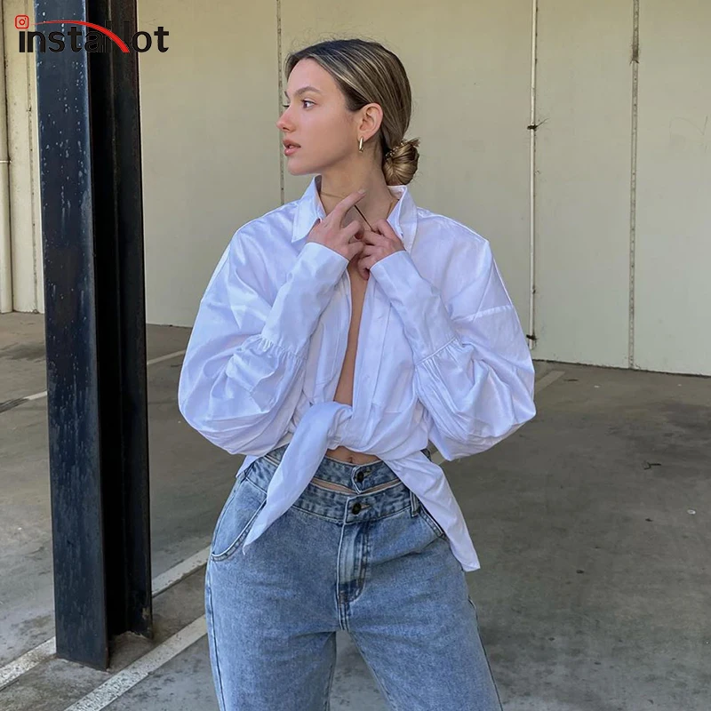 

InstaHot Autumn Women Shirt Lantern Sleeve White Black Long Shirt Eelgant Sexy Casual Office Lady Button Turn Down Collar Shirts