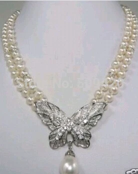 Бесплатная доставка&gt 2 ряда белый жемчуг бабочка кулон ожерелье |