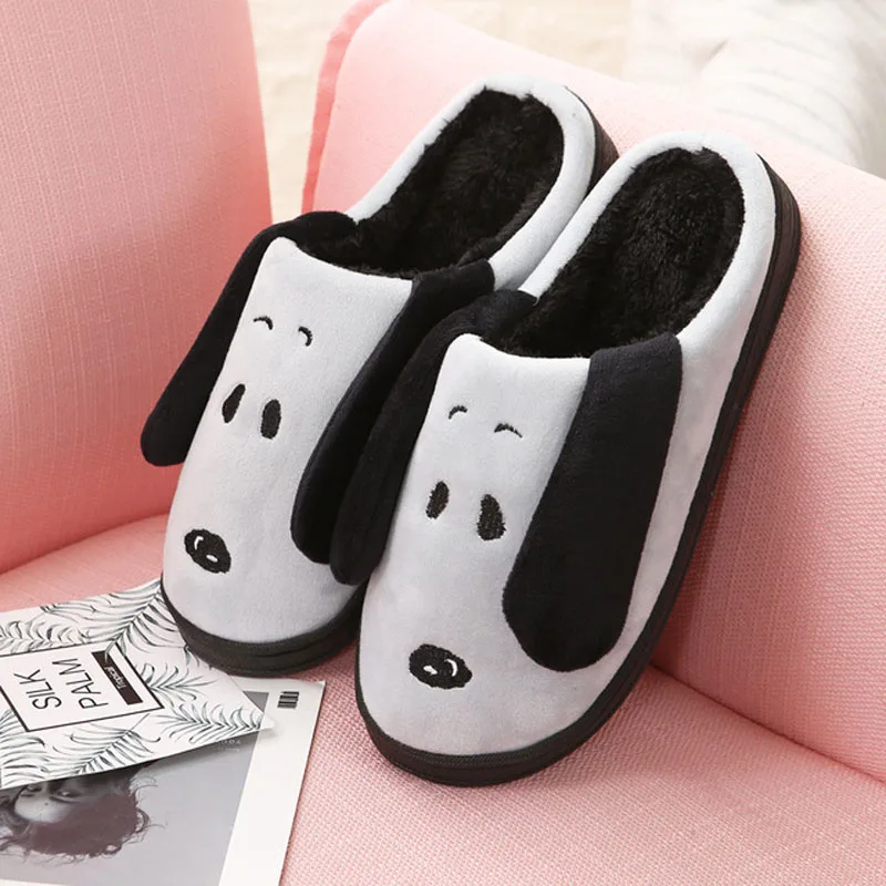 

Cotton Slippers New Fall and Winter Cute Cartoon Dog Plush Sandals Couple Warm Comfort Furry Flip Flops Women Anti-skid Slides