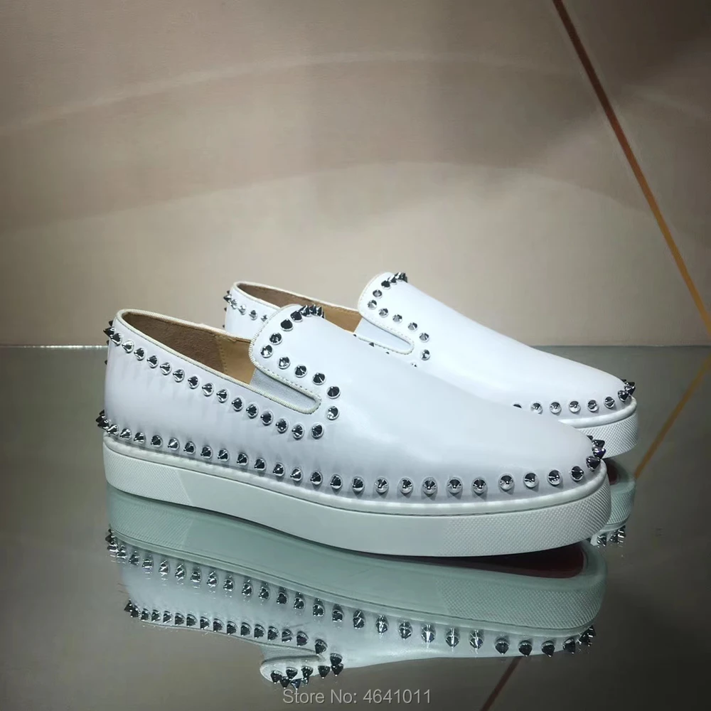 

Low Cut Leisure cl andgz White Leather Handmade Circle Silver Rivet Red bottoms For men Sports Shoes sneakers Prom Flat Loafers