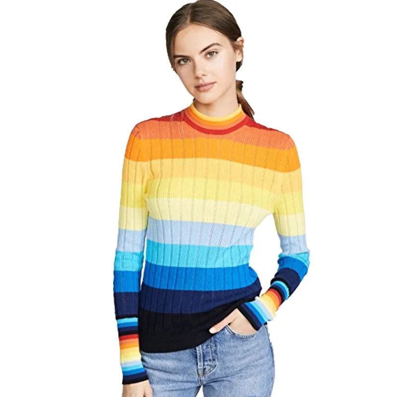 

Women Rainbow Sweater 2019 Fall Fashion Round Neck Colorful Striped Sweater Thin Knit Top Pullover Blusa Sweaters ladies Jumper