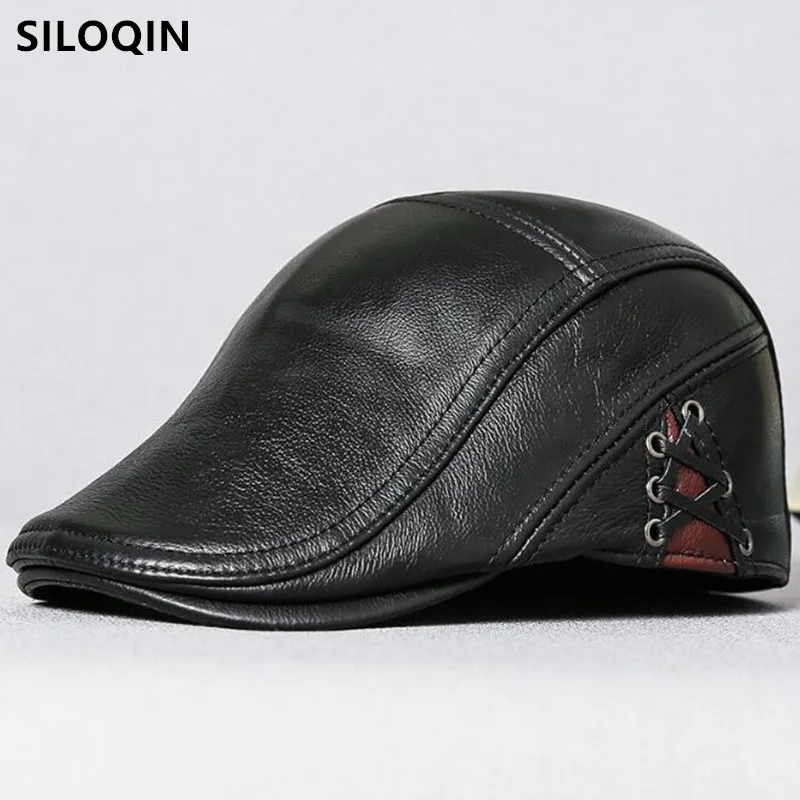 

SILOQIN Winter Warm Men's Cowhide Leather Berets Novelty Natural Genuine Leather Cap Simple Men Brands Hats Dad's Snapback Caps