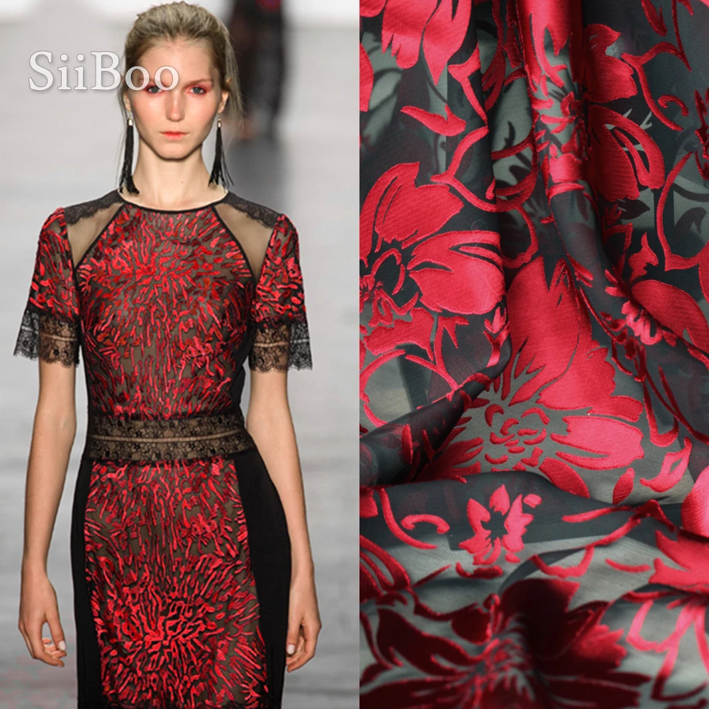 Luxury Black Red Floral Burnout Brocade Fabric For Summer Dress Tissu