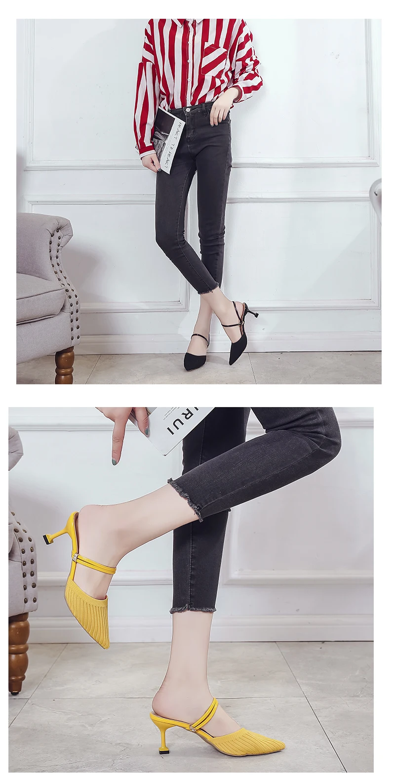 Г. Летние босоножки модельные туфли для вечеринок Вязаные тапочки на высоком каблуке женские шлепанцы женские туфли с острым носком на массивном каблуке, цвет черный, желтый