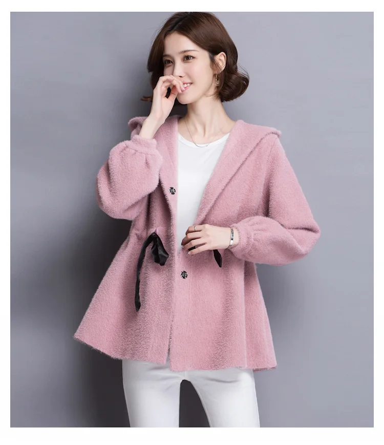 

2018 Autumn And Winter New Style Lace-up Imitation Mink Wool Sweater Coat Mid-length Tops WOMEN'S Dress Thick Knitted Cardigan W
