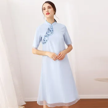 

Summer Dress Chinese National Style Women Elegant Stand Collar Embroidery Button Ladies Dress Midi