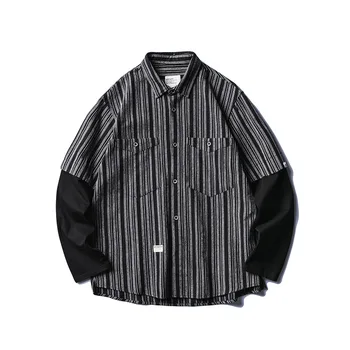 

2020 Men Spliced Long Sleeve Loose Casual Stripe Japan Shirt Cardigan Male Vintage Streetwear Hip Hop Cargo Shirts Coat