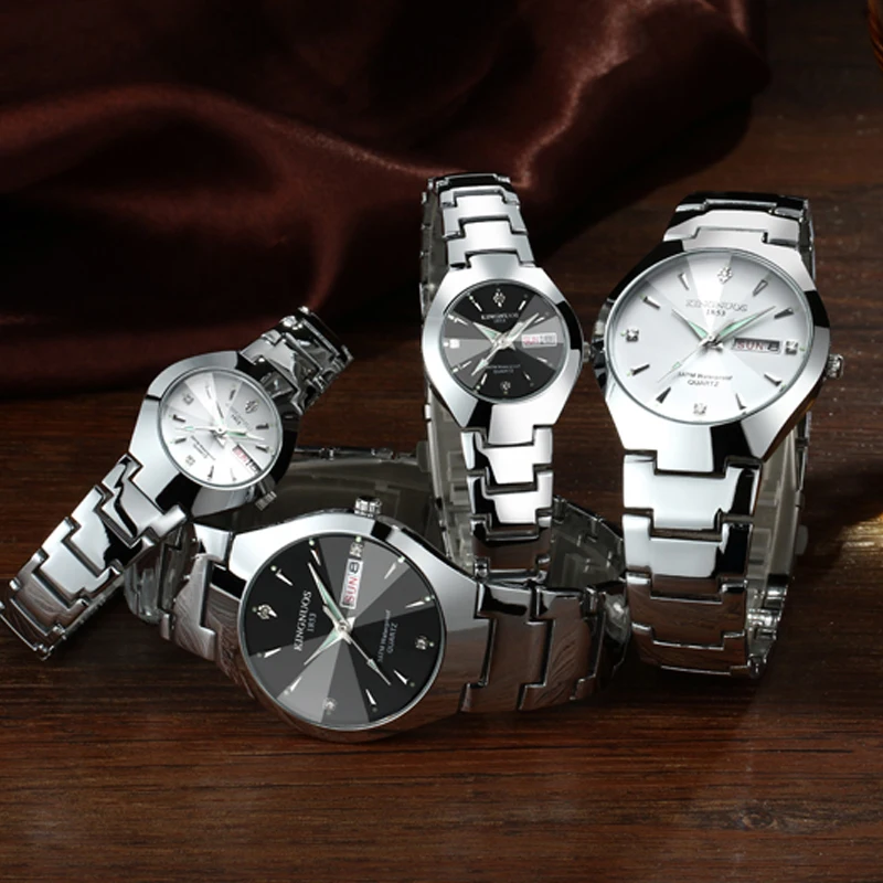 Классический дизайн, пара часов для влюбленных, модные повседневные женские наручные часы, водонепроницаемые, вольфрамовые, стальные, кофейные, золотые, кварцевые часы для мужчин