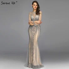 Сексуальные платья с круглым вырезом и кристаллами для выпускного вечера в Дубае, серое роскошное платье для выпускного вечера с длинным рукавом Serene hilm BLA70116