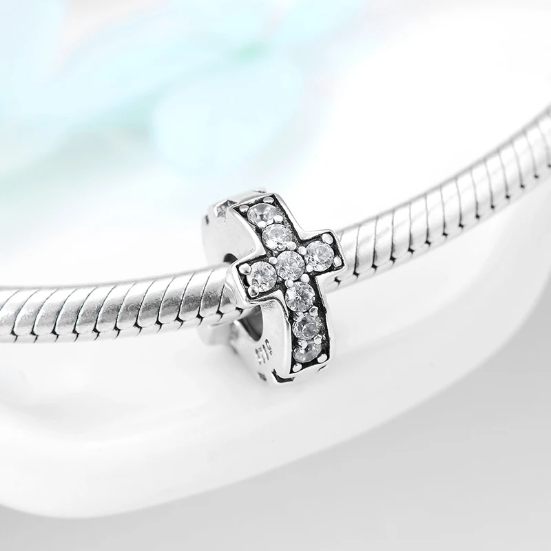 Горячая распродажа новые 925 пробы серебряные тонкие пробки Бусины крест прозрачный CZ Подходит Pandora шарм браслеты ювелирных изделий