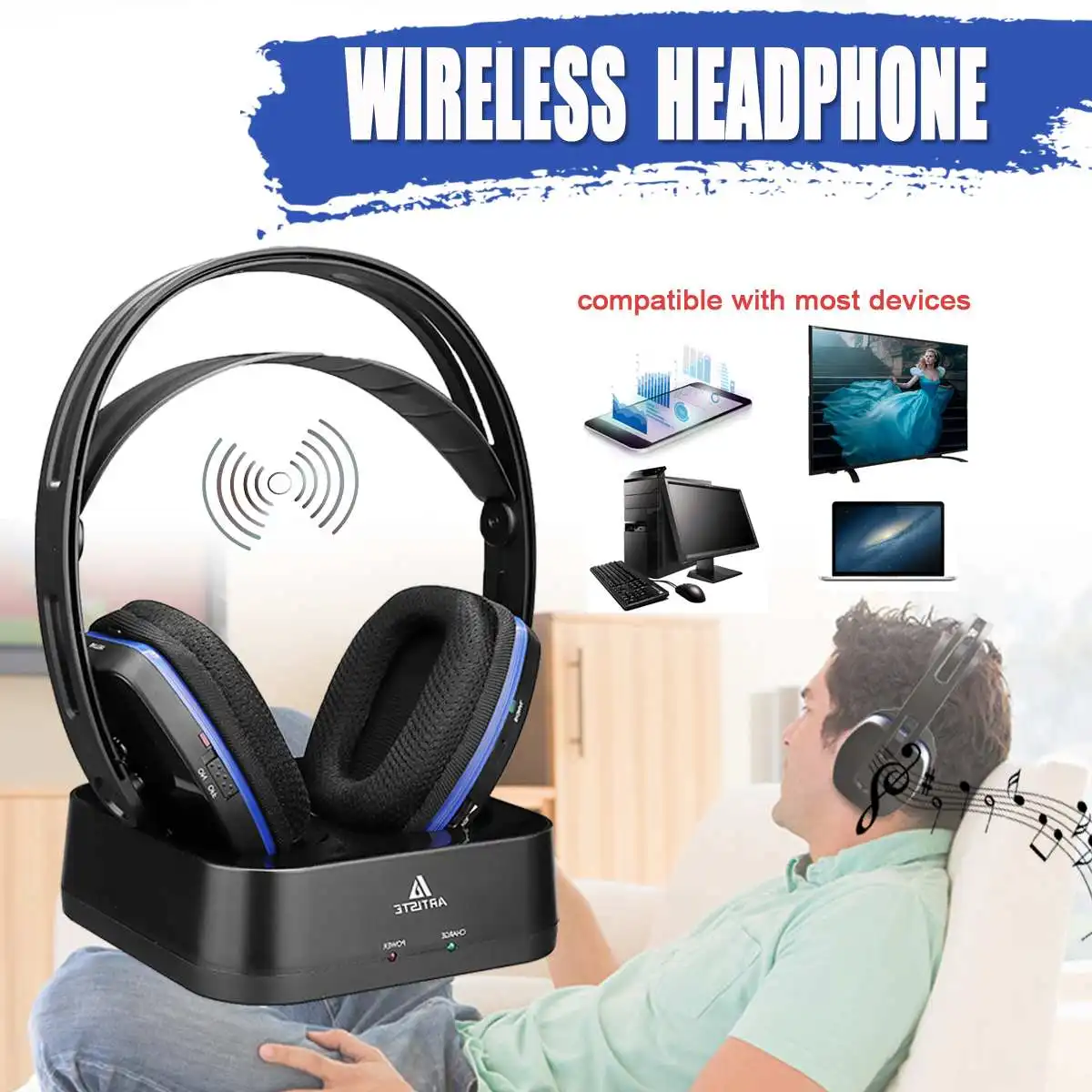 

D2 2.4GHz Wireless HiFi bluetooth Headphone Deep Bass Wireless TV Headphone with Transmitter Dock For Mobile Phone Music