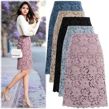 

Zoki Plus Size Elegant Lace Skirt Fashion 2020 Spring Summer Slim Female Pencil High Waist Harajuku Solid Color Mini Faldas 4XL