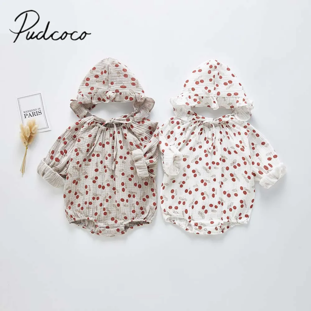 

2020 Baby Spring Autumn Clothing Infant Newborn Baby Girl Long Sleeve Bodysuit Cherry Print Cotton Linen Jumpsuit Casual Outfit