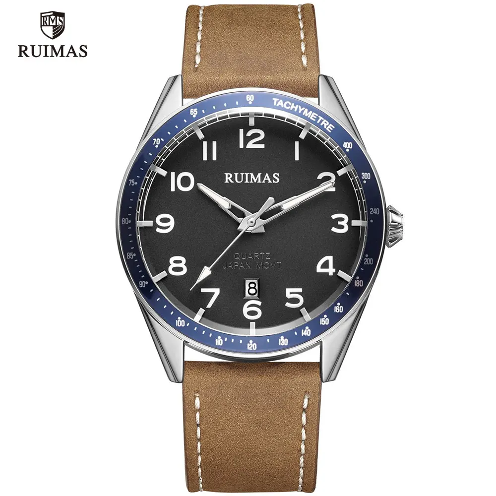 RUIMAS коричневые кожаные кварцевые часы Роскошные спортивные наручные часы в стиле милитари Мужские Простые Водонепроницаемый наручные часы Relogios Masculino часы 573 - Цвет: RL573G-Brown blue