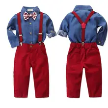 Рождественские комплекты одежды для мальчиков осенний Детский костюм для мальчиков красные рубашки с длинными рукавами и комбинезоны детский комплект одежды для мальчиков