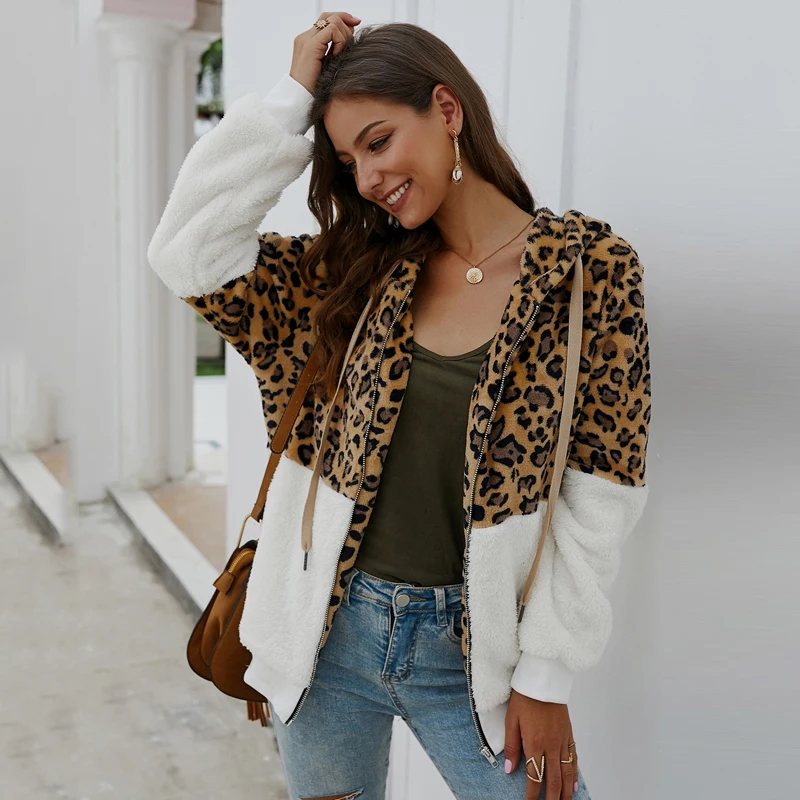 Женская леопардовая куртка с капюшоном, пальто, новинка 2019, осенне-зимнее теплое пальто на молнии, Лоскутная Повседневная Верхняя одежда из