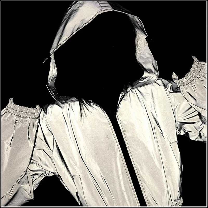 

New Flash Hoodies Reflective Jacket Women Short Coat Nightclub Glowing Short Jacket Front Zipper Female Reflective Hooded Jacket