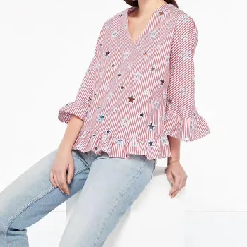 

Women's Embroidery Striped Stars Blouse V-neck Three Quarter Ruffled Sleeve Sweet Hollow out 2020 Spring Summer Tops