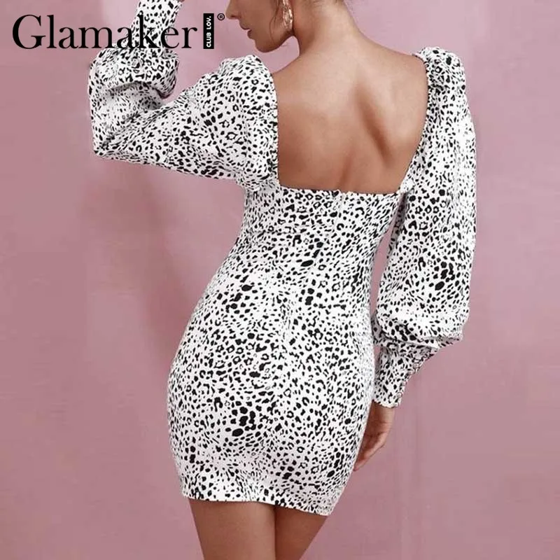 Glamaker, рукав-фонарик, Леопардовый принт, белое элегантное платье для женщин, открытая спина, сексуальные, вечерние, короткое платье, весна, бодикон, модное платье, новинка