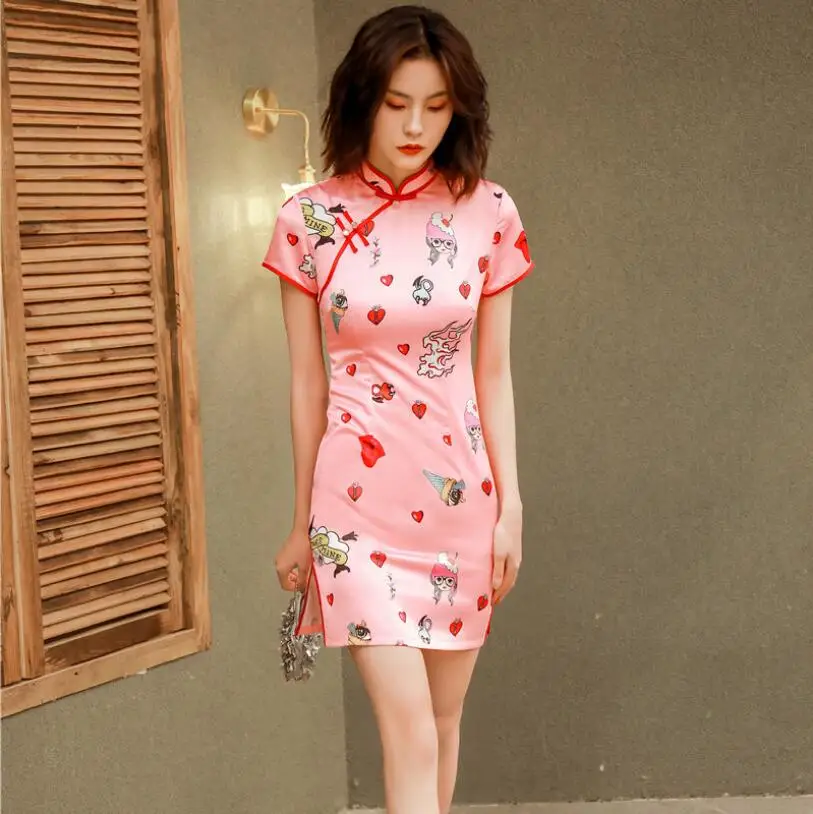 1 Женское сексуальное китайское шелковое платье qipao молодой леди плюс размер летний китайский женский халат современные элегантные qi pao платья улучшенные - Color: 1
