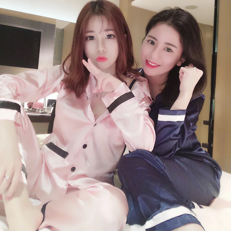 

Silka Surplus 2019 Spring Autumn Pajamas Silk Solid Long Sleeved Sleepwear Mujer Pijama Turn-down Pyjamas Set