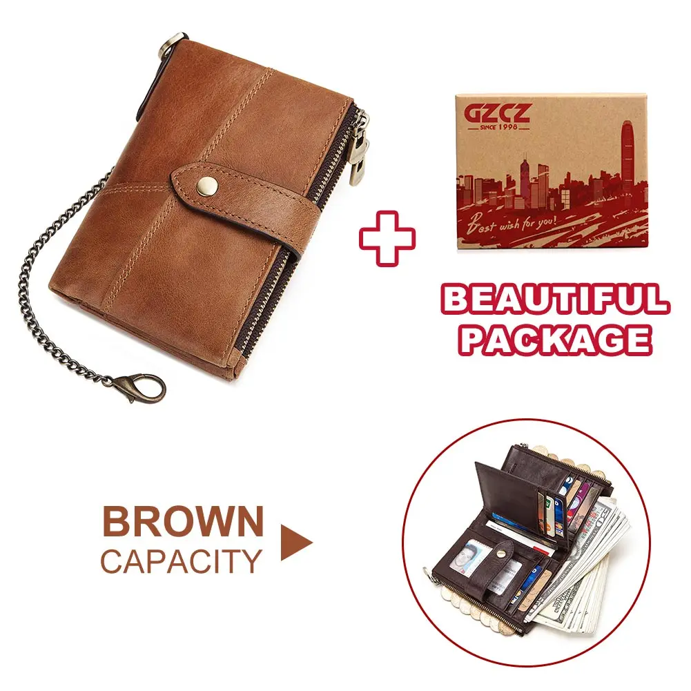 889-khaki-chain-box Genuine Leather Women Wallet GZCZ Casual Men Wallet Women Long Wallet In Women`s Wallet and Purses Retro Rfid Women Short Wallet - Цвет: 889-khaki-chain-box