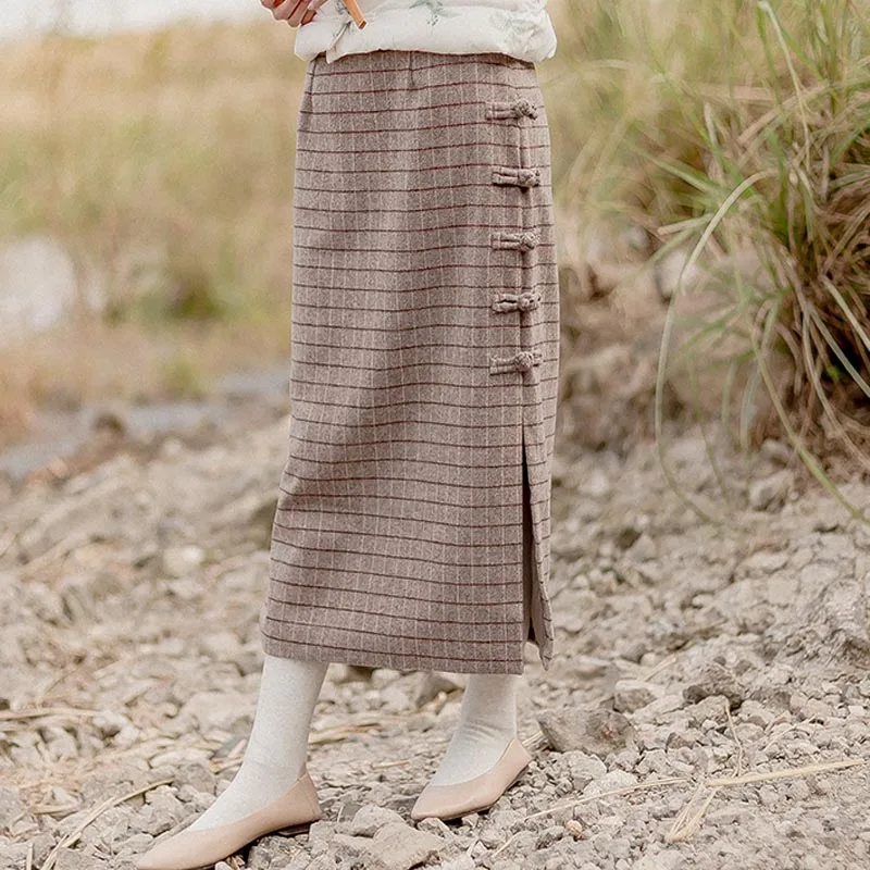Новинка, Зимняя шерстяная винтажная длинная юбка до середины икры в китайском стиле для женщин, серые облегающие плотные юбки в клетку