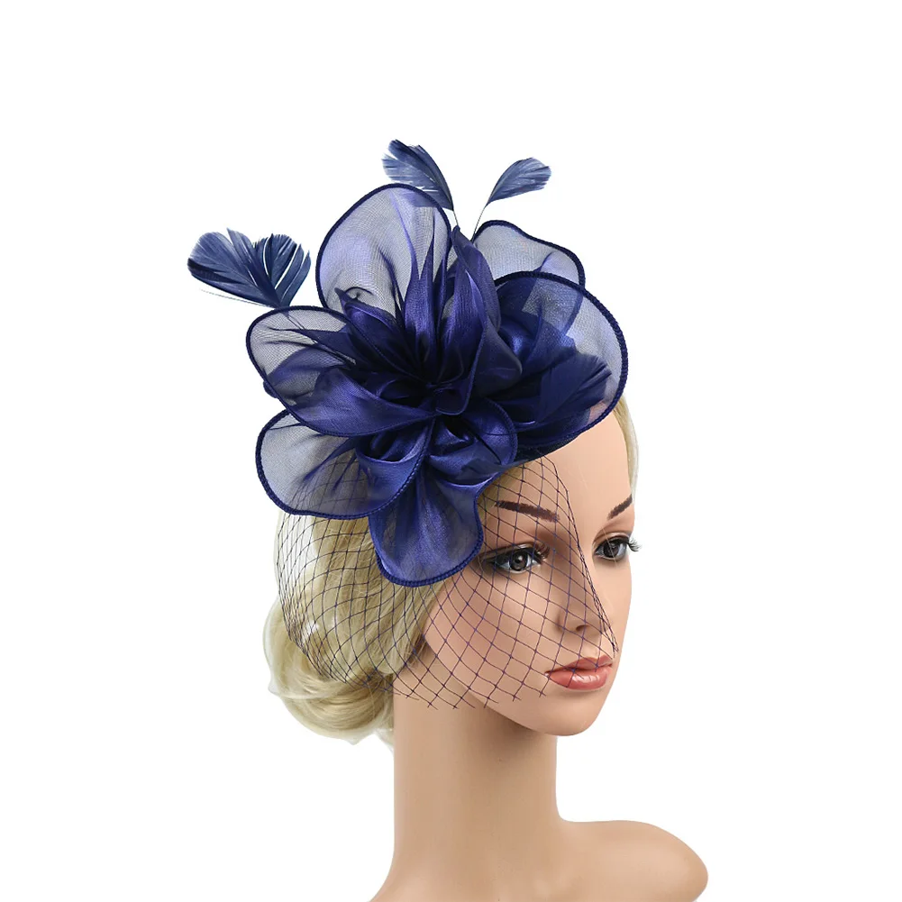 Navy blue Женские сетчатые винтажные Свадебные зажимы для волос, украшение, повязка на голову с перьями, Вуалетка, шляпа, церковный чай, вечерние, элегантные, легко носить, органза - Цвет: Navy blue