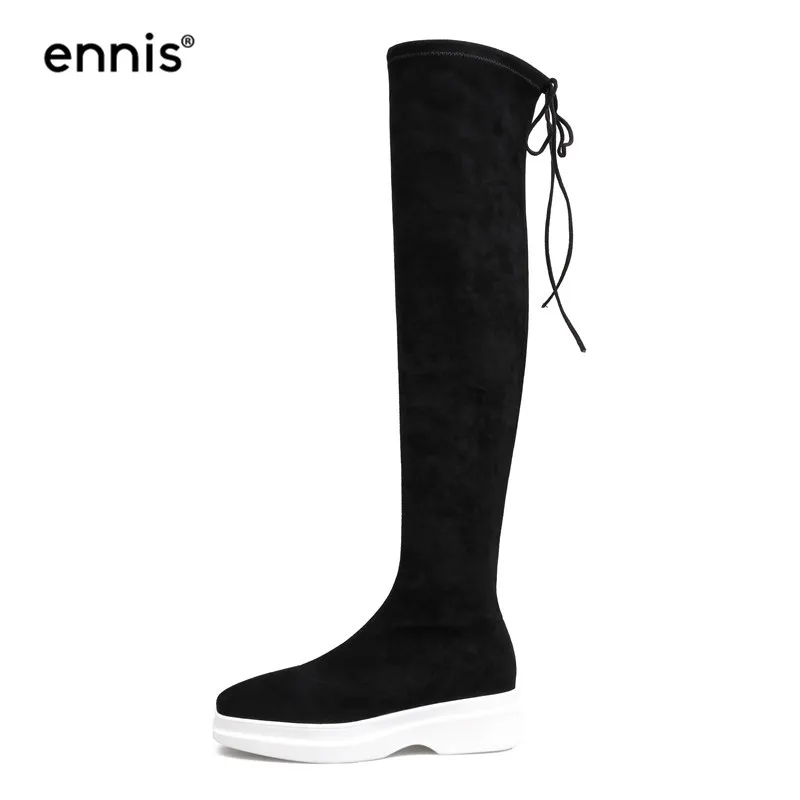 ENNIS/брендовые сапоги на платформе; женские Сапоги выше колена; растягивающиеся зимние сапоги; женская черная обувь из флока на молнии со шнуровкой; модная обувь; L929 - Цвет: Flock Plush Inside