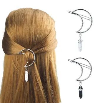 

Vintage Hollow Moon Quartz Hexagon Prism Antique Alloy Hair Clip Stone Pendant Clamp Hairpin Charming Hair Accessories