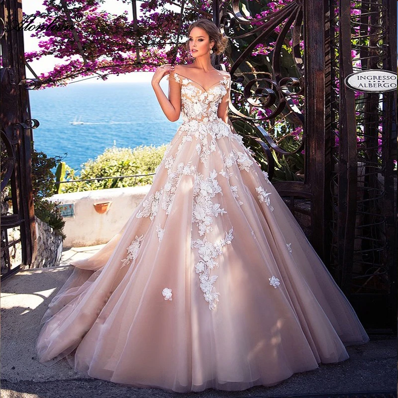 

Alonlivn Beauty 3D Flowers Appliques Scalloped A-Line Wedding Dresses Off The Shoulder Lace Up Colorful Tulle Bridal Skirts