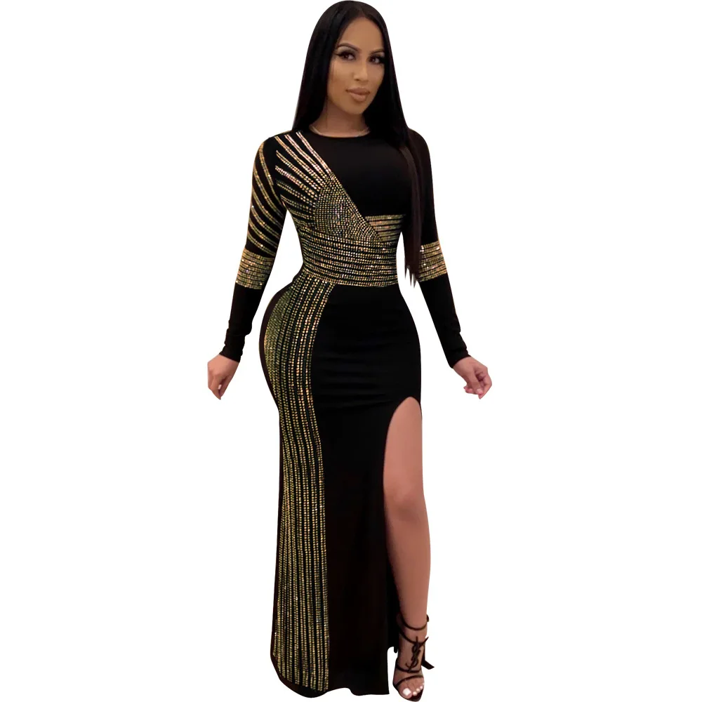

Adogirl Sexy Nightclub Women Dress Long Sleeve Rhinestone Round Neck Split Dress Floor-length Solid Color Diamonds Party Dress