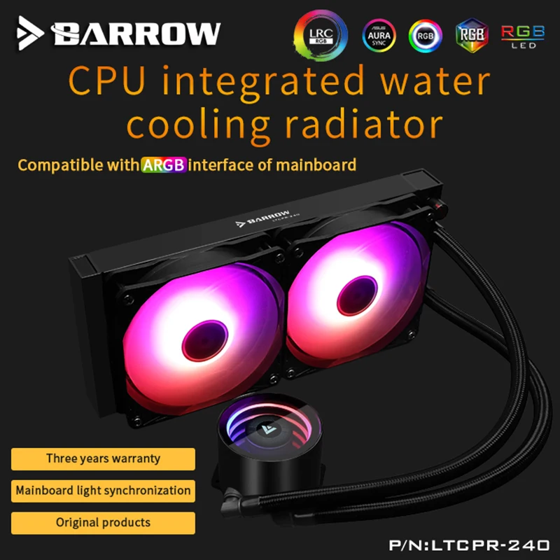 Barrow Водяной кулер ЦП Aio 240 мм/360 мм с 120 Pro RGB PWM вентиляторы Intel 115x/X99/X299 AMD полная