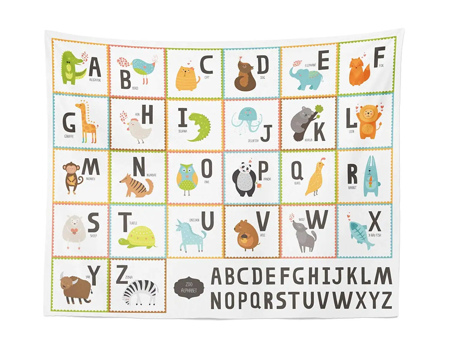 

ABC Colorful Cartoon Zoo Animals Alphabet Owl Cat Panda in Squares on White Background Fabric Wall Hanging