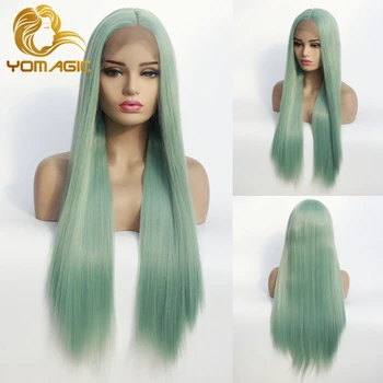 

Yomagic Light Green Color Lace Front Wigs for Women Long Silk Straight Heat Resistant Fiber Synthetic Hair Glueless Lace Wigs