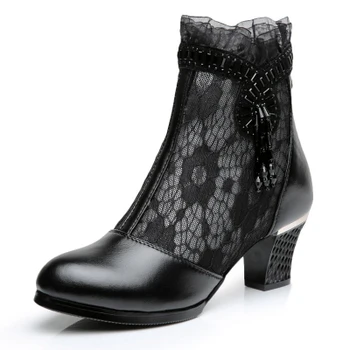 

Big Size Summer Ankle Boots Square Toe Genuine Leather Shoe Tassel Zipper Footwear Fashion High Heels Female Shoes