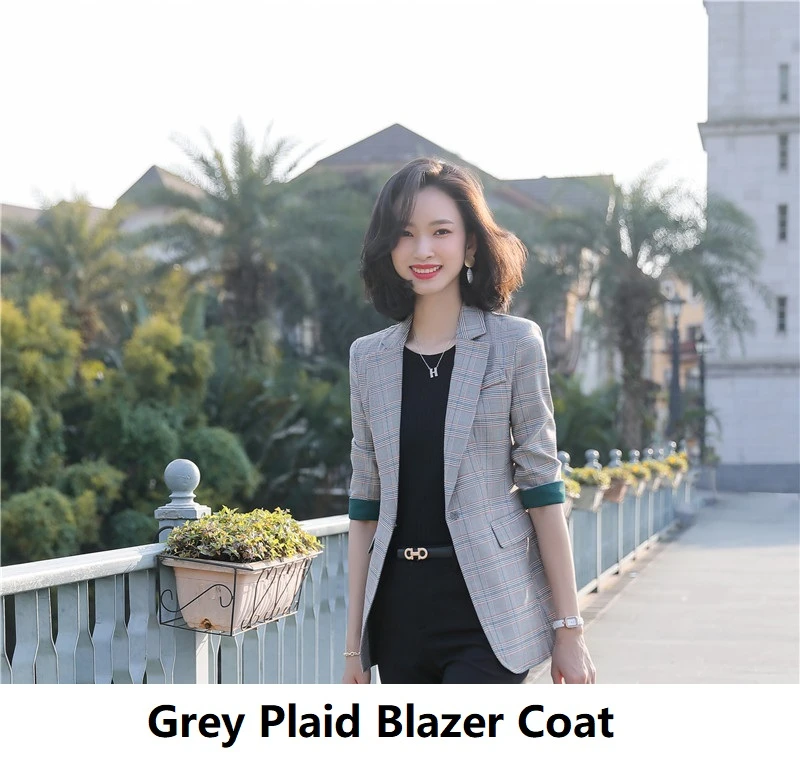 Grey Plaid Новинка Весна Лето Половина рукава блейзеры и куртки пальто дамы Офис профессиональная рабочая одежда OL стили Blaser Топы Верхняя одежда - Цвет: Grey Plaid