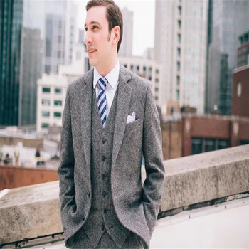 

2018 Latest Coat Pant Designs Grey Tweed Men Suit Slim Fit 3 Piece Gentle Tuxedo Custom Blazer Groom Prom Suits Terno Masculino