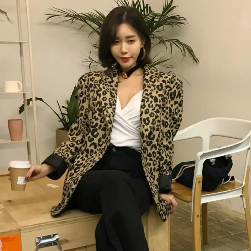 Южная Корея Dongdaemun Leopord шаблон Элегантный Приталенный крутой костюм куртка мода