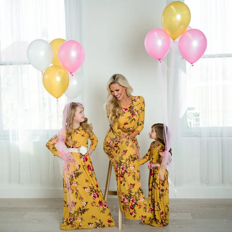 Mommy and Me Outfits Family Matching Clothes Women Girls Mother and Daughter Floral Long Sleeve Maxi Dresses Outfits