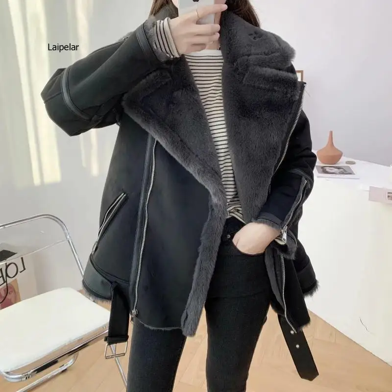 2021 New Winter Thick Warm Suede Biker Jackets Coat Women Casual with Sashes Outerwear Female Chic Oversize Overcoats oversize cashmere lamb coat woman patchwork deerskin fashion warm new winter casual harajuku coat female chic outwear