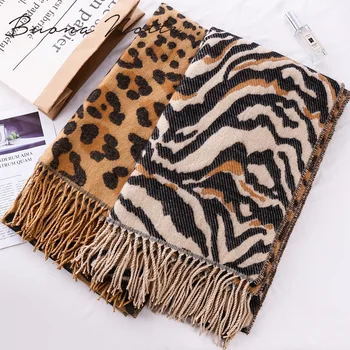 

Europe and the United States autumn and winter new imitation cashmere leopard zebra pattern scarf thick warm long tassel scarf